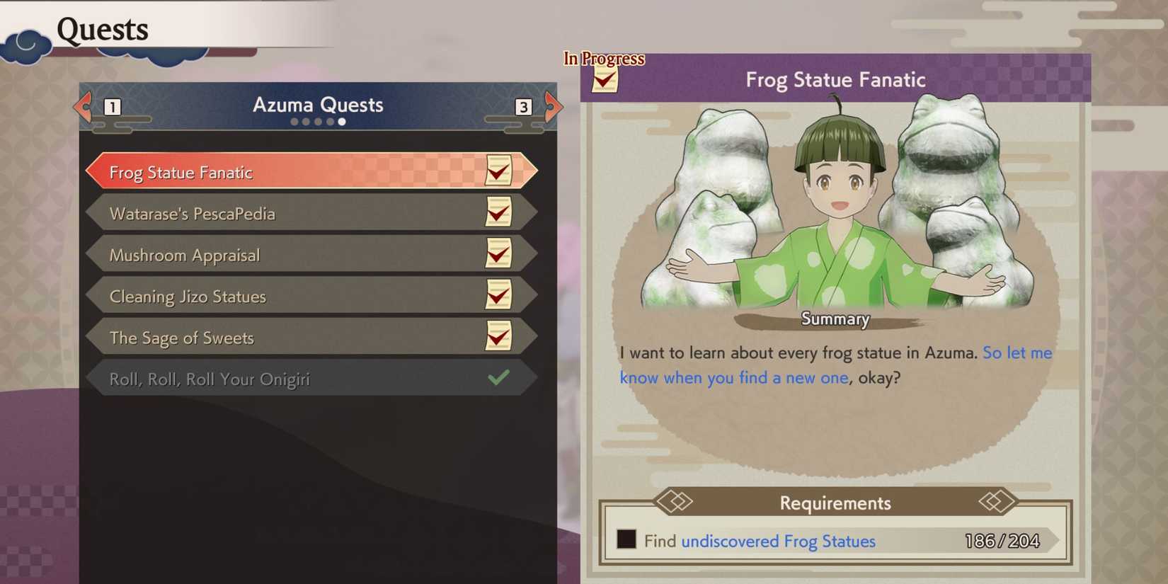 Frog Statue Fanatic quest in Rune Factory Guardians of Azuma