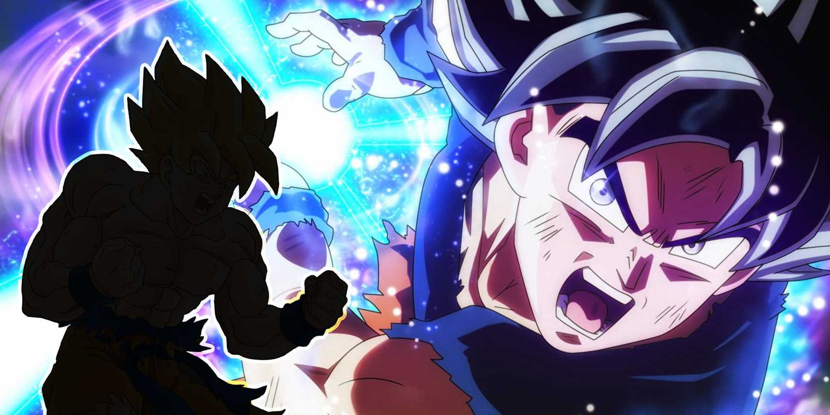picture: goku ultra instinct using kamehameha and the shadow of another transformation.