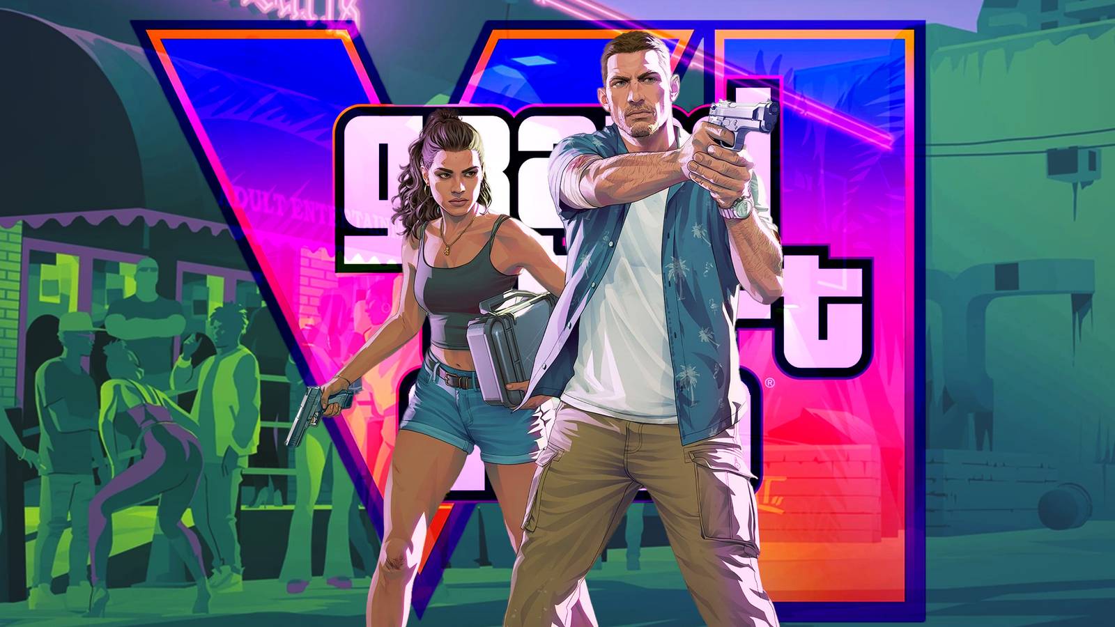 Grand Theft Auto 6 Jason and Lucia wielding guns in front of a nightclub with GTA 6 logo 2x1 composite