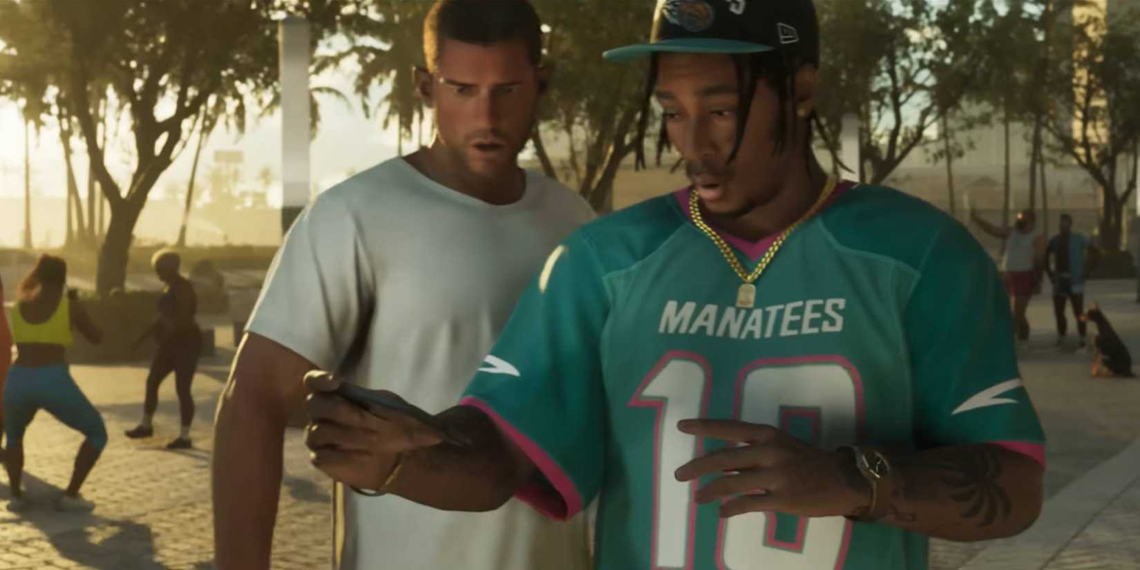 Jason and another guy reacting to something on a phone in a Grand Theft Auto 6 trailer