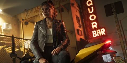 Granft Theft Auto 6 Lucia Caminos leaning on a yellow motorcycle at night