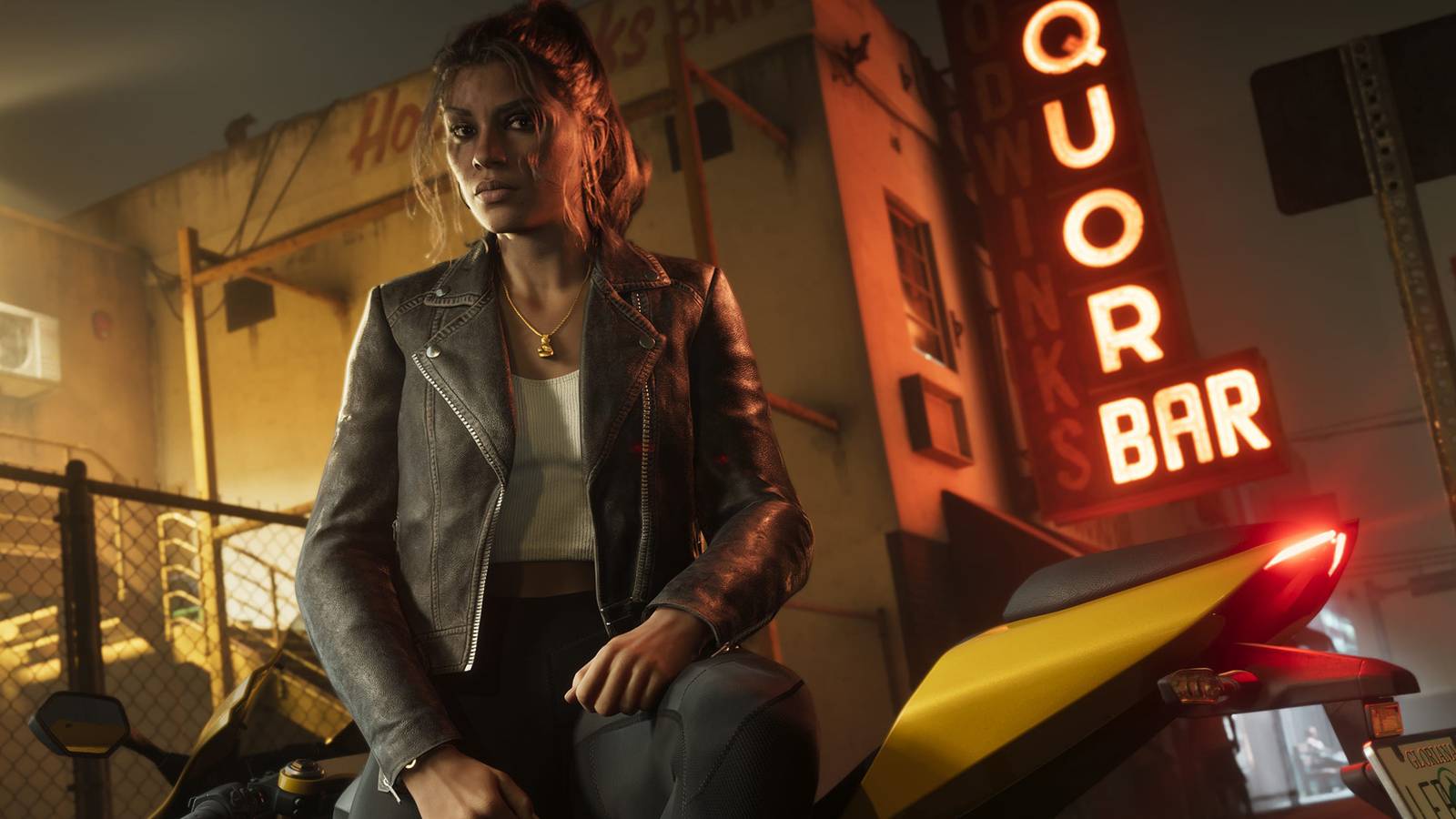 Granft Theft Auto 6 Lucia Caminos leaning on a yellow motorcycle at night