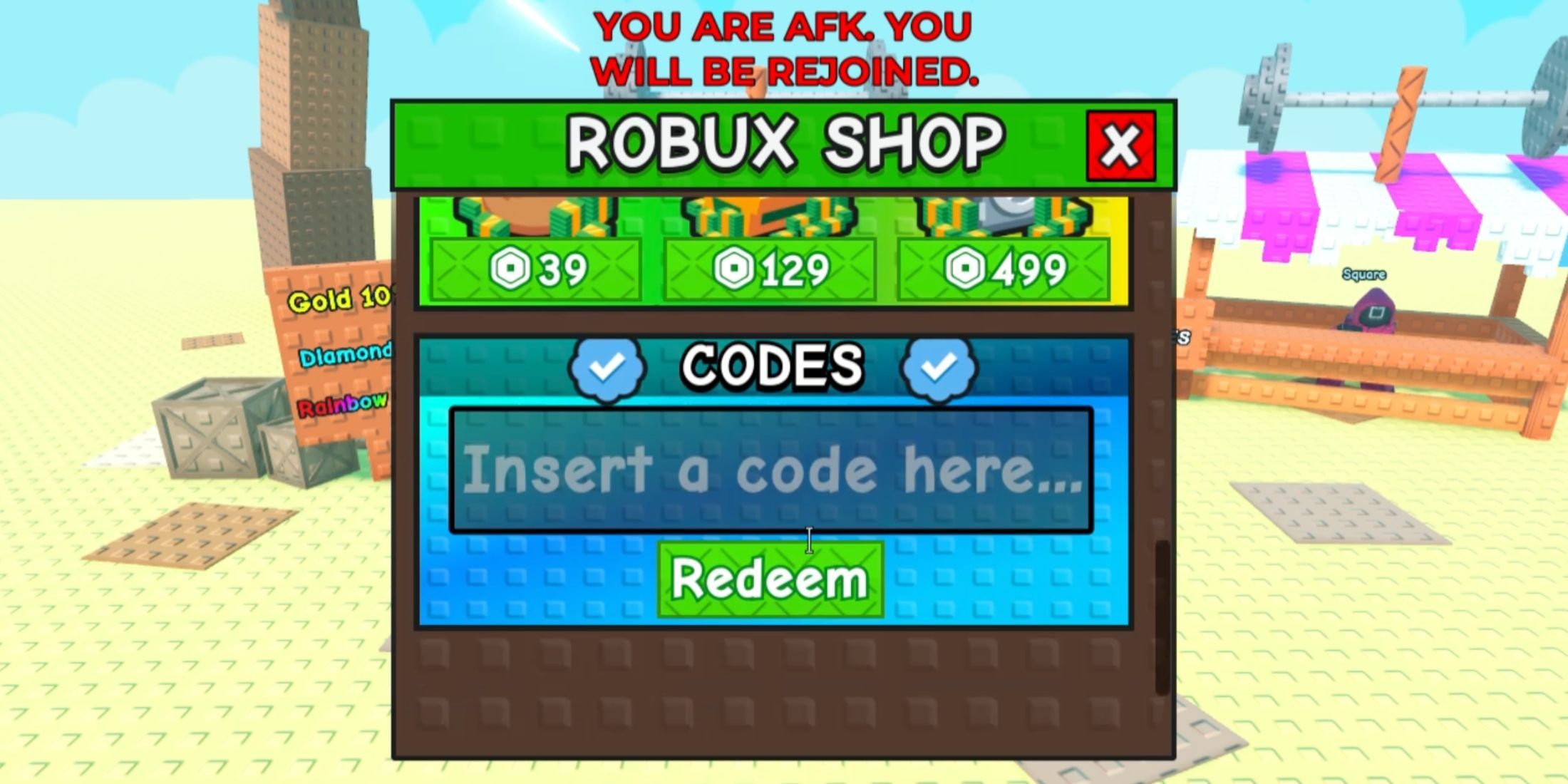 Grow a GYM the codes tab