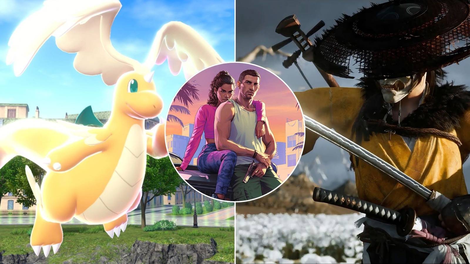 A collage of three promising upcoming open-world games: Pokemon Legends Z-A, Grand Theft Auto 6 and Ghost of Yotei.