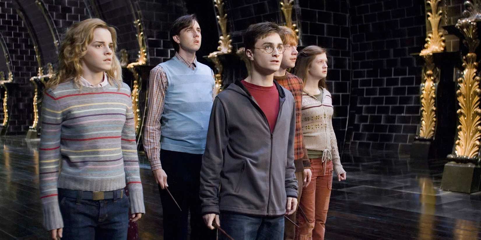 Hermione, Neville, Harry, Ron, and Ginny at the Ministry of Magic in Harry Potter