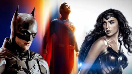 DC Superhero Robert Pattinson as Batman, David Corenswet as Superman, and Gal Gadot as Wonder Woman