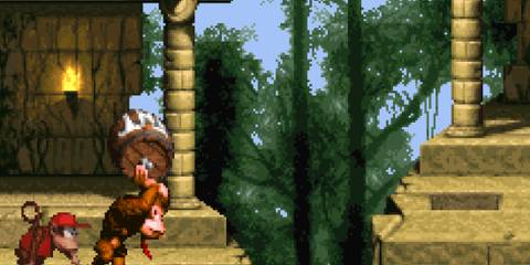 Holding a barrel in Donkey Kong Country (SNES)