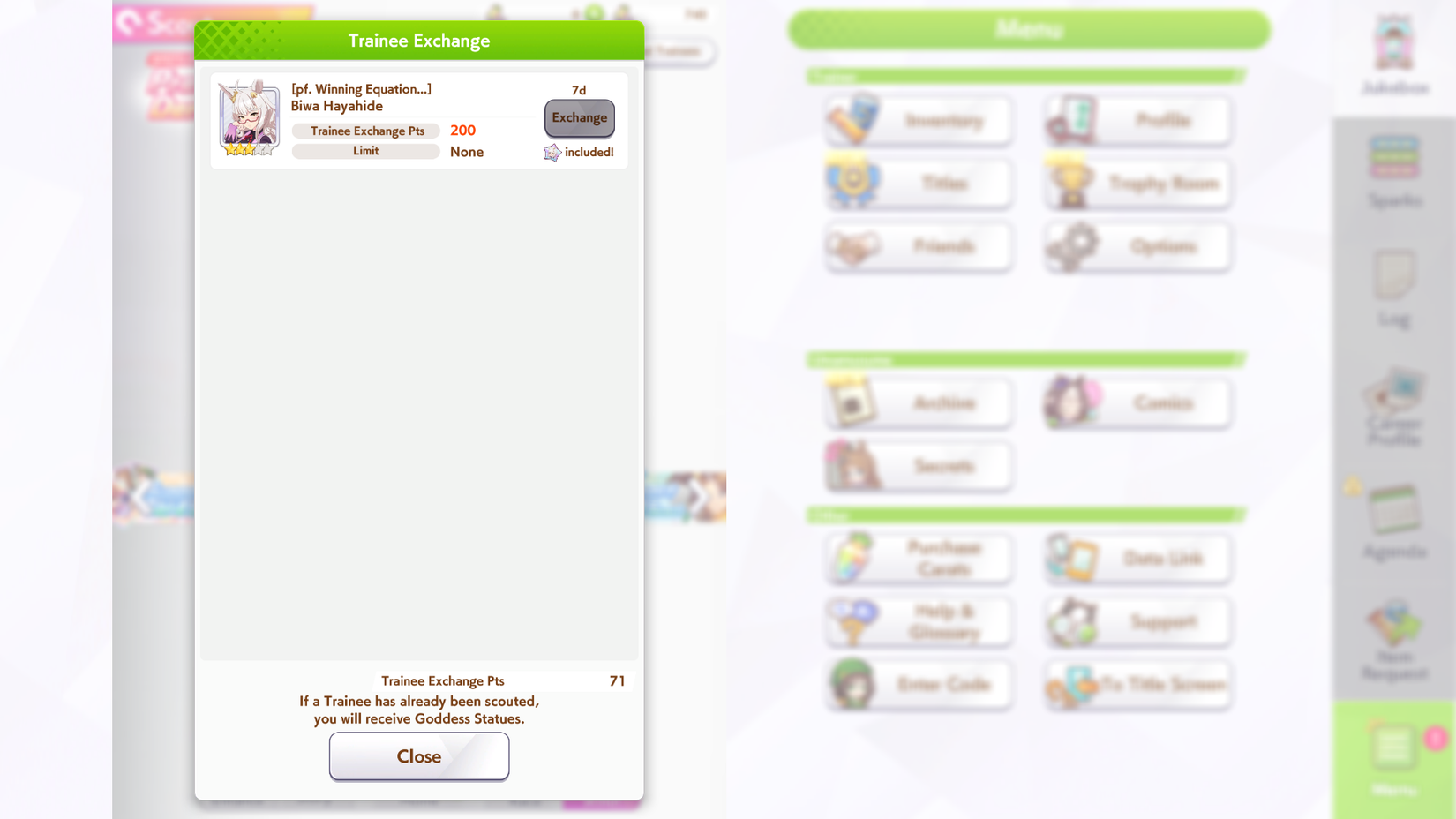 Umamusume Pretty Derby Exchange Point menu