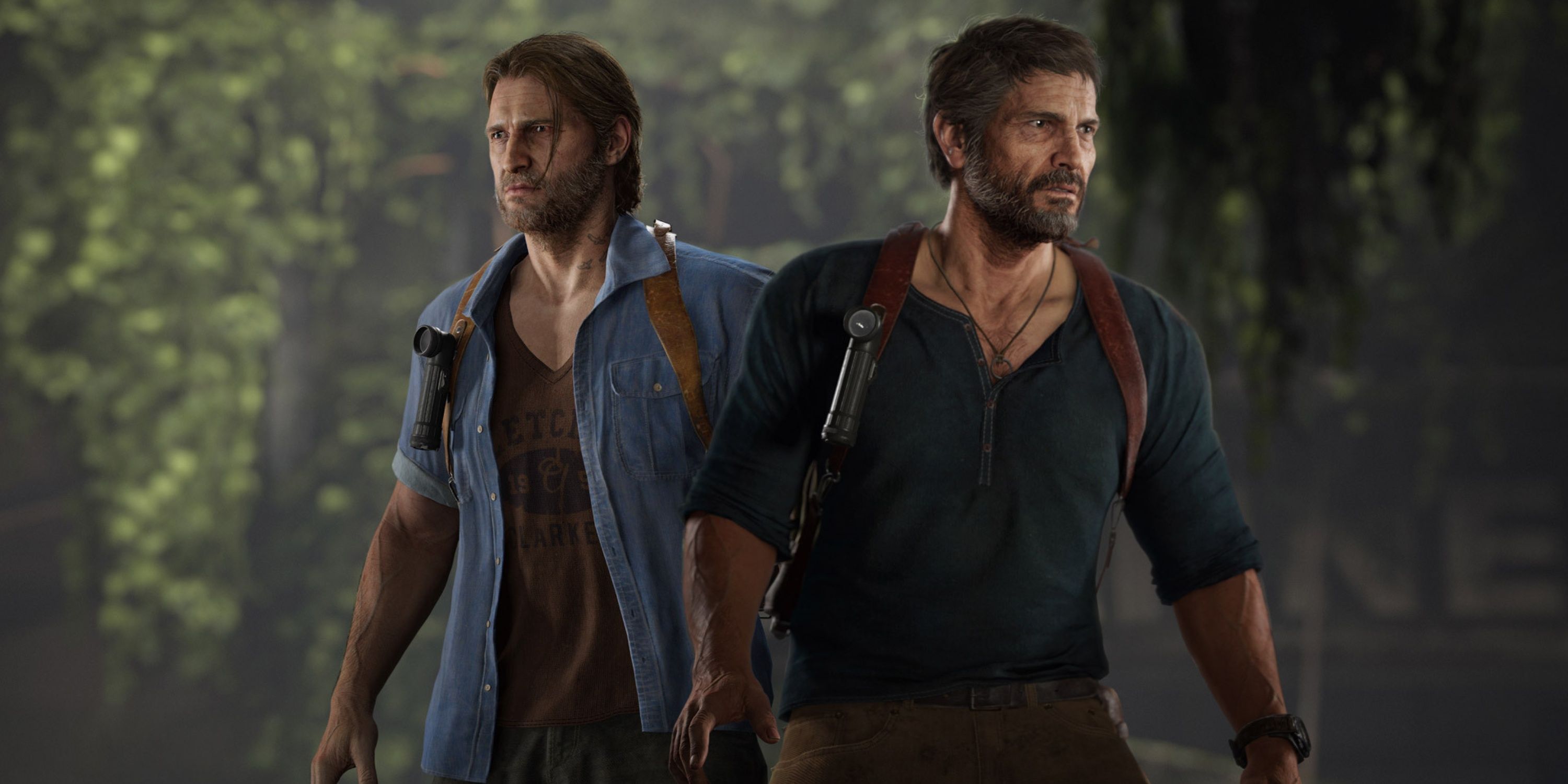 joel and tommy from the last of us part 2 dressed as uncharted's nathan drake and sam drake