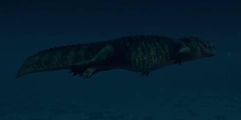 The Deinosuchus swimming in a lagoon in Jurassic World Evolution 2