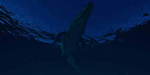 The Deinosuchus swimming in a lagoon in Jurassic World Evolution 2