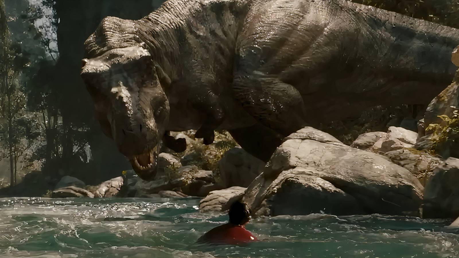 The T-Rex attacking Reuben Delgado in Jurassic World: Rebirth