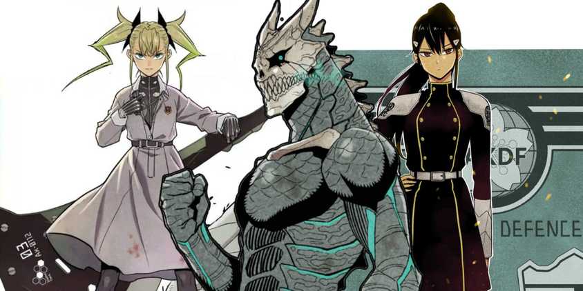 A collage of three Kaiju No. 8 who got great endings in the manga: Kikoru Shinomiya, Kafka Hibino and Mina Ashiro.