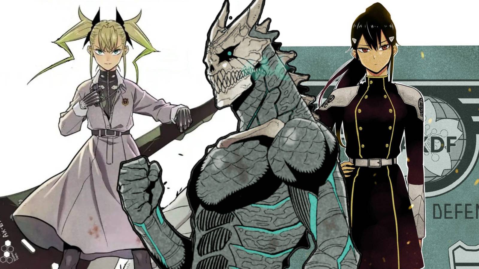 A collage of three Kaiju No. 8 who got great endings in the manga: Kikoru Shinomiya, Kafka Hibino and Mina Ashiro.