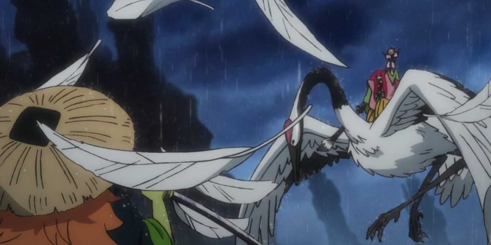 Kanjuro on a bird in One Piece