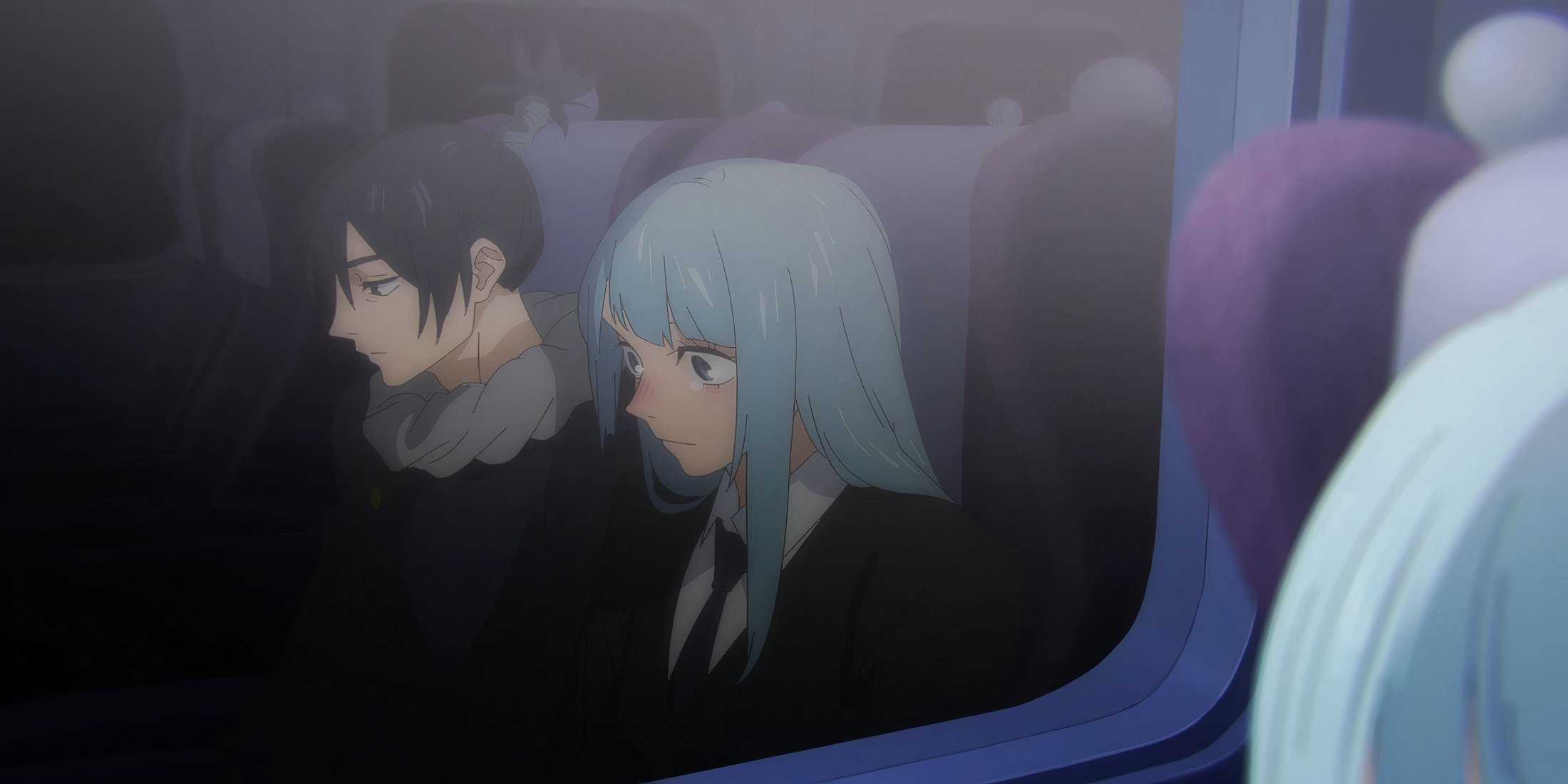 Kokichi Muta sitting next to Kasumi Miwa on the train in JJK