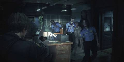 Lion Kennedy fighting a bunch of zombies in Resident Evil 2 Remake.