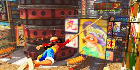 Luffy using his rubber powers to swing around a city - One Piece World Seeker