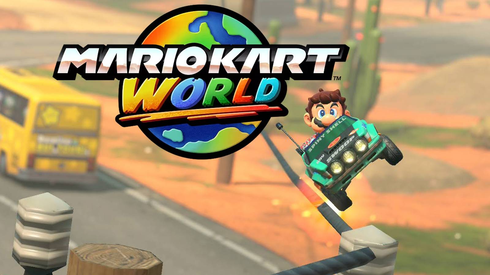 Mario Kart World logo with Mario driving on power line
