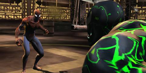 Spider-Man encountering the corrupted Venom in Marvel Nemesis: Rise Of The Imperfects