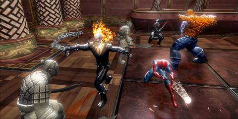 Spider-Man, Ghost Rider, The Thing, and Blade fighting The Mandarin's minions in Marvel Ultimate Alliance Special Edition