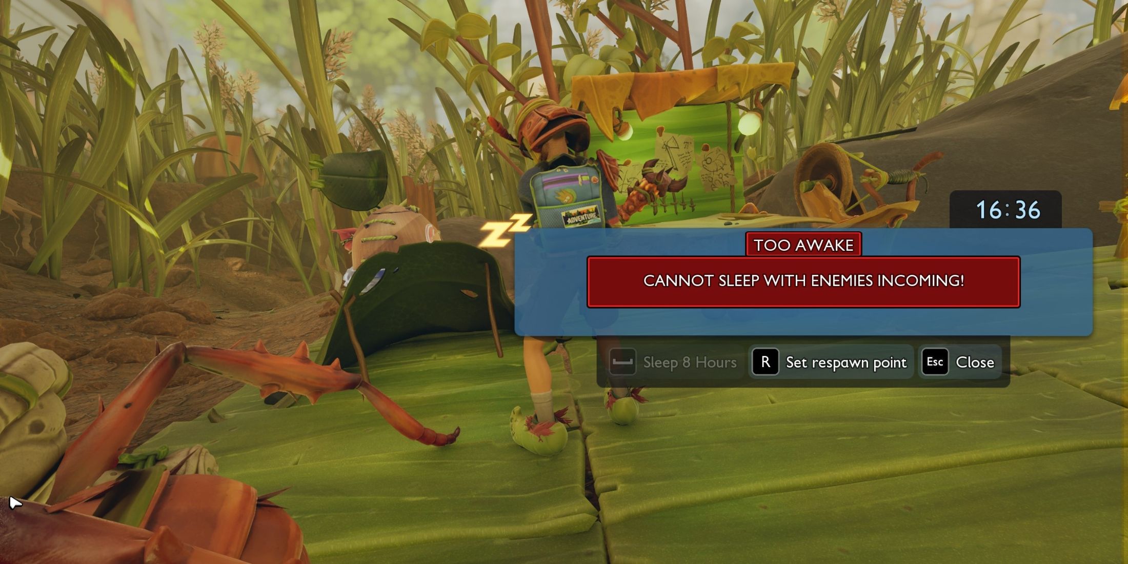message indicating cannot sleep in grounded 2