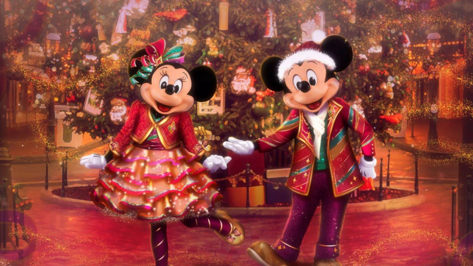 picture: minnie mouse and mickey mouse in their 2025 holidays outfits.