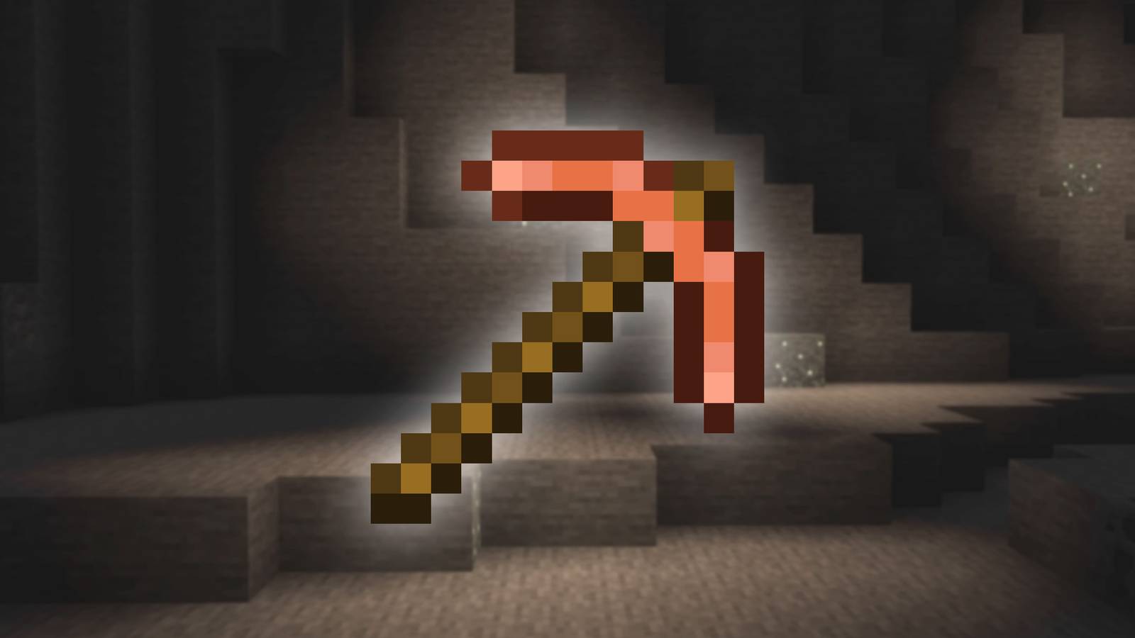 minecraft copper pickaxe over blurry background