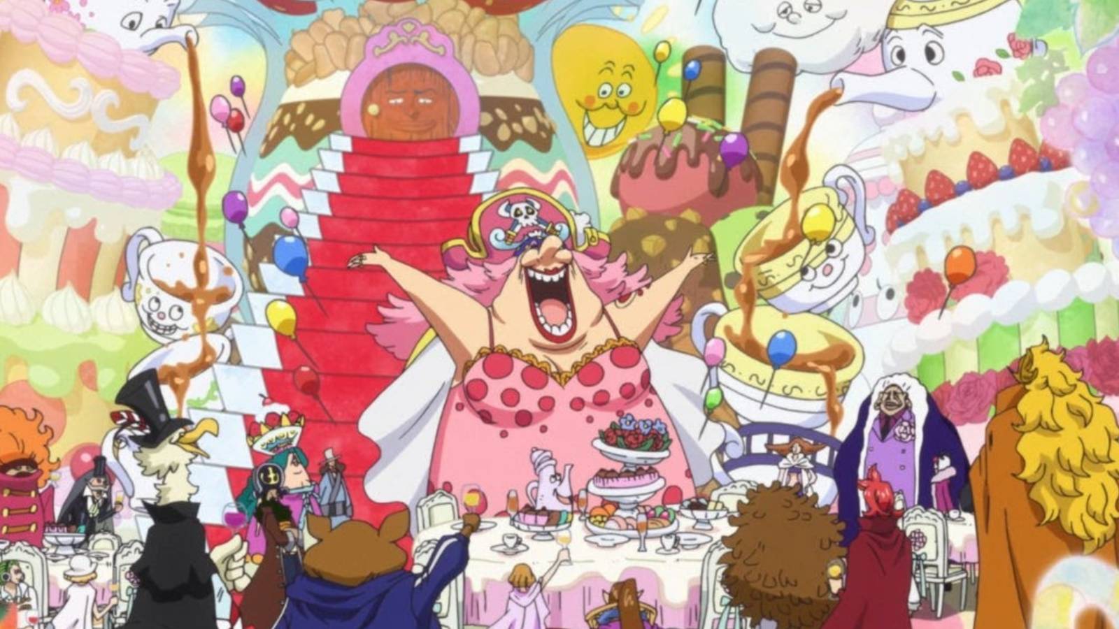 Big Mom having a Tea Party celebration with various attendants, Homies are working in the background in One Piece