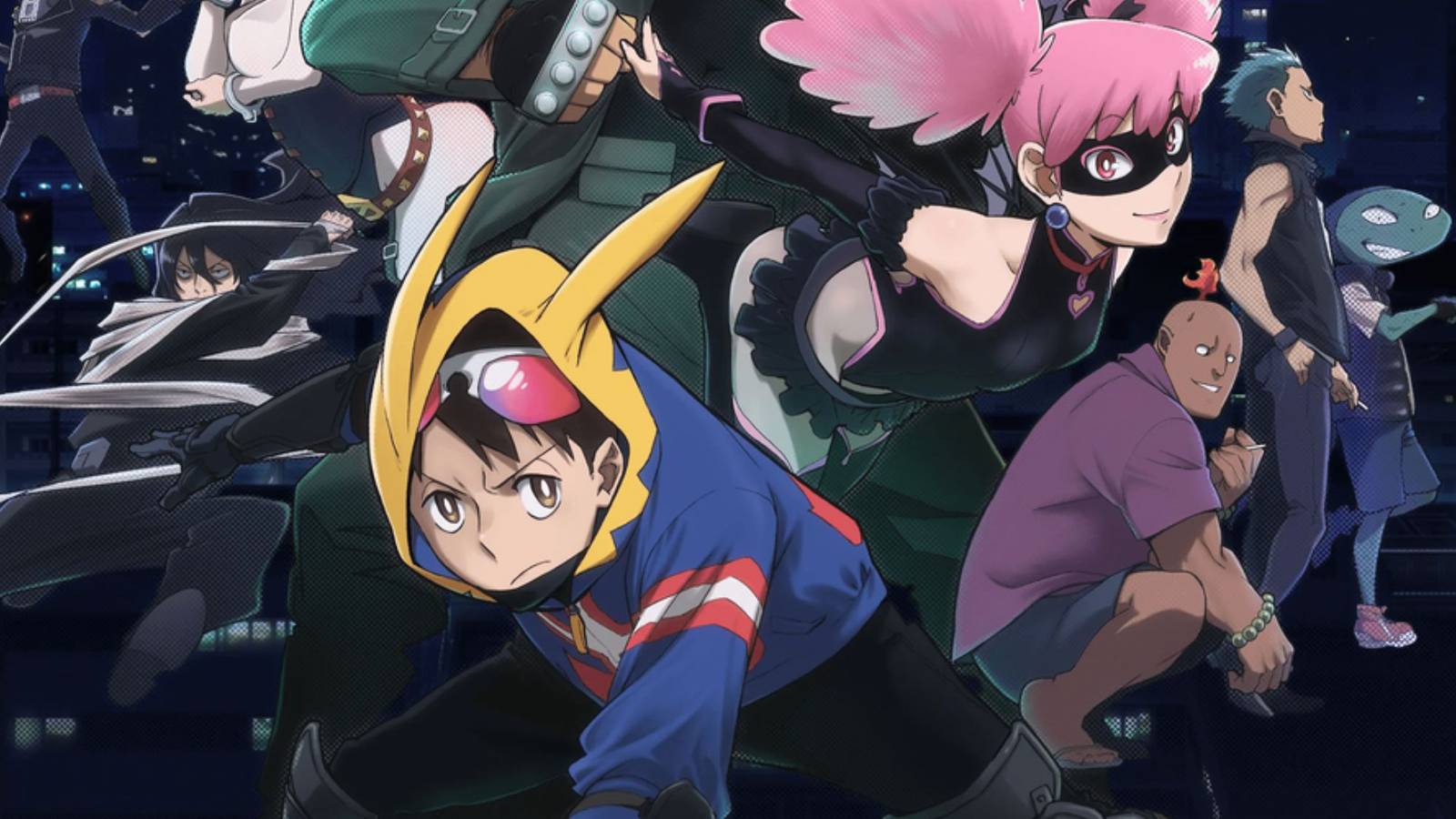 Official promotional image of the many main characters of My Hero Academia: Vigilantes