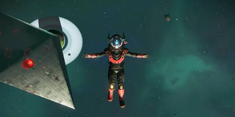 No Man's Sky player creates a base that looks like an oil rig.