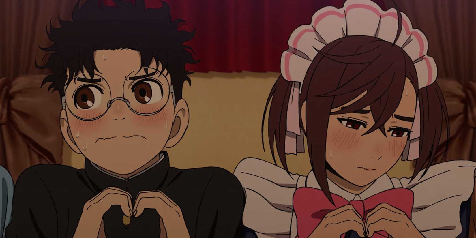 Okarun and Momo are embarassed while she works in the maid café - Dandadan