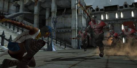 One of the party members fighting a bunch of enemies - Dragon Age 2