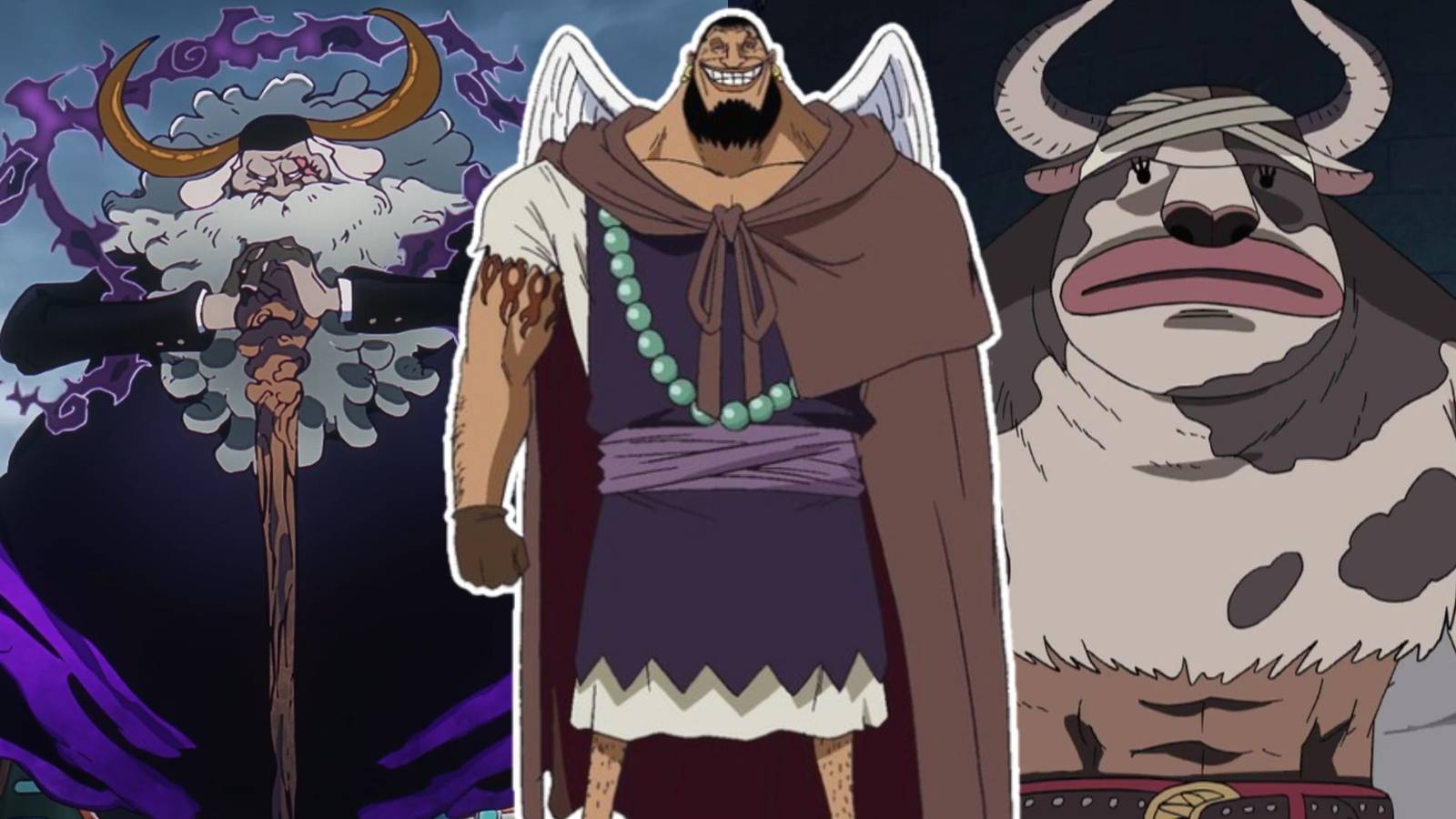 A collage of three One Piece characters with powerful Devil Fruits that have no name: Jaygarcia Saturn, Urouge and Minotaurus.