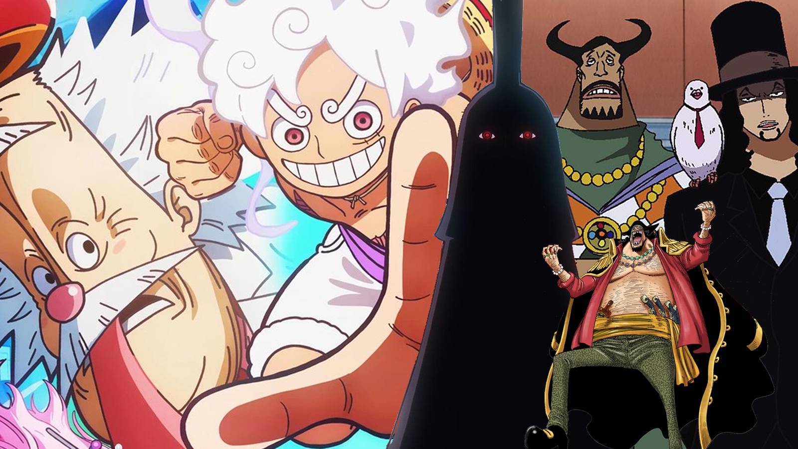 Vegapunk, Luffy Blackbeard, Lucci, and Imu