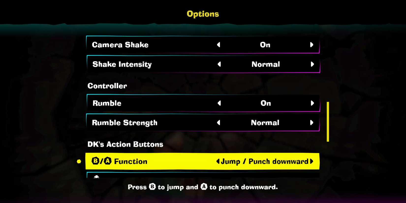 Options menu in Donkey Kong Bananza