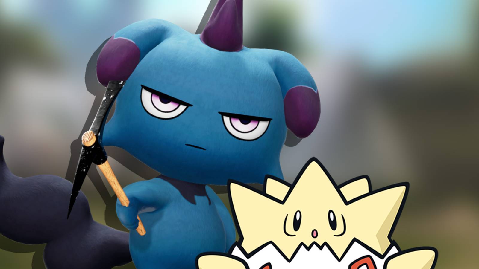 Palworld Pal Depresso next to Pokemon Togepi looking surprised not amused 2x1 composite
