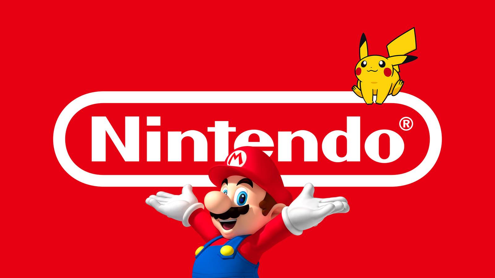 Pikachu and Mario with white Nintendo logo on red background