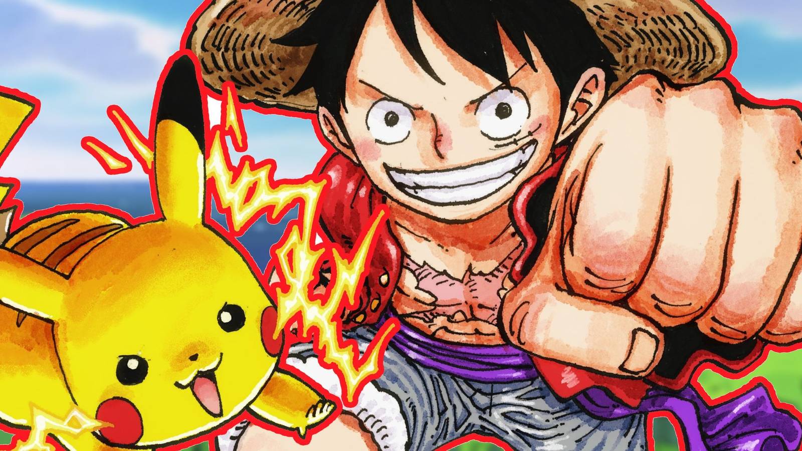 picture: pikachu and luffy (one piece) in pokemon x shonen jump collab.