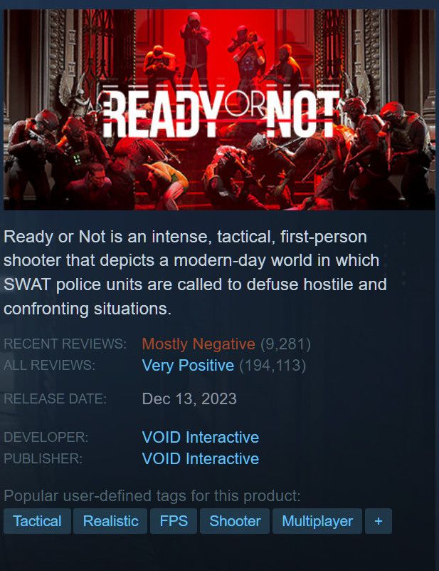 Ready or Not Now Has 'Mostly Negative' Reviews Ahead of Console Launch