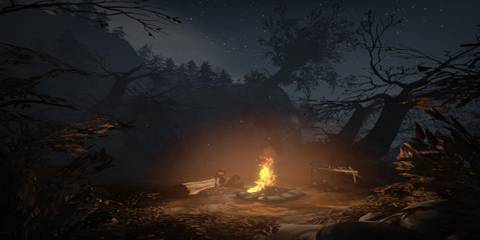 Resting at a campfire with a wolf stalking.