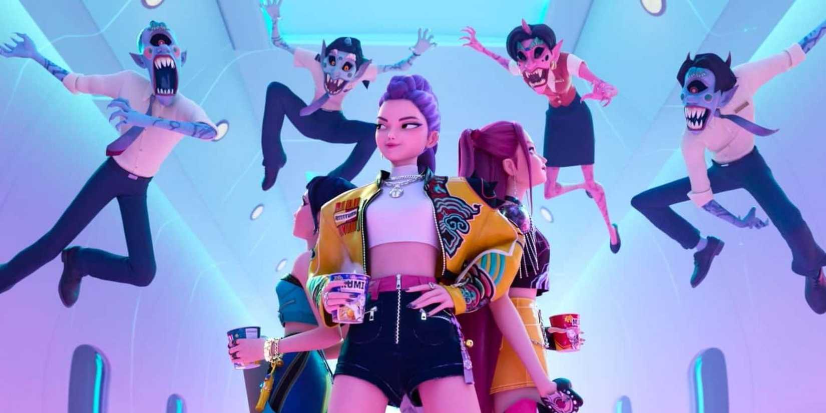 Rumi, Zoey and Mira fighting demons in the plane - KPop Demon Hunters