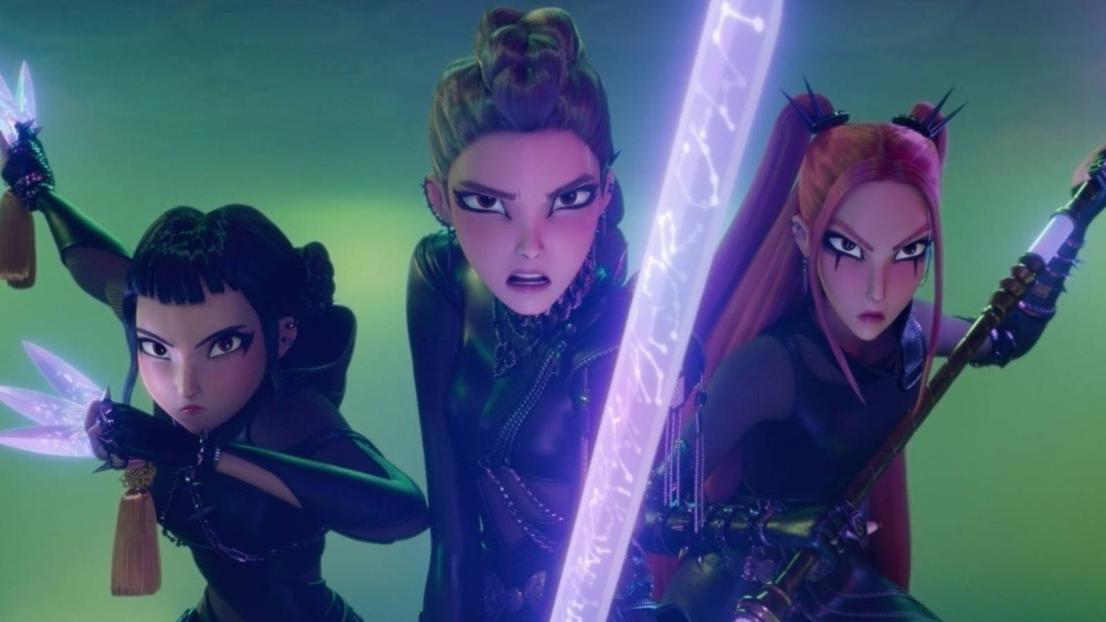 Rumi, Zoey and Mira wielding their weapons - KPop Demon Hunters