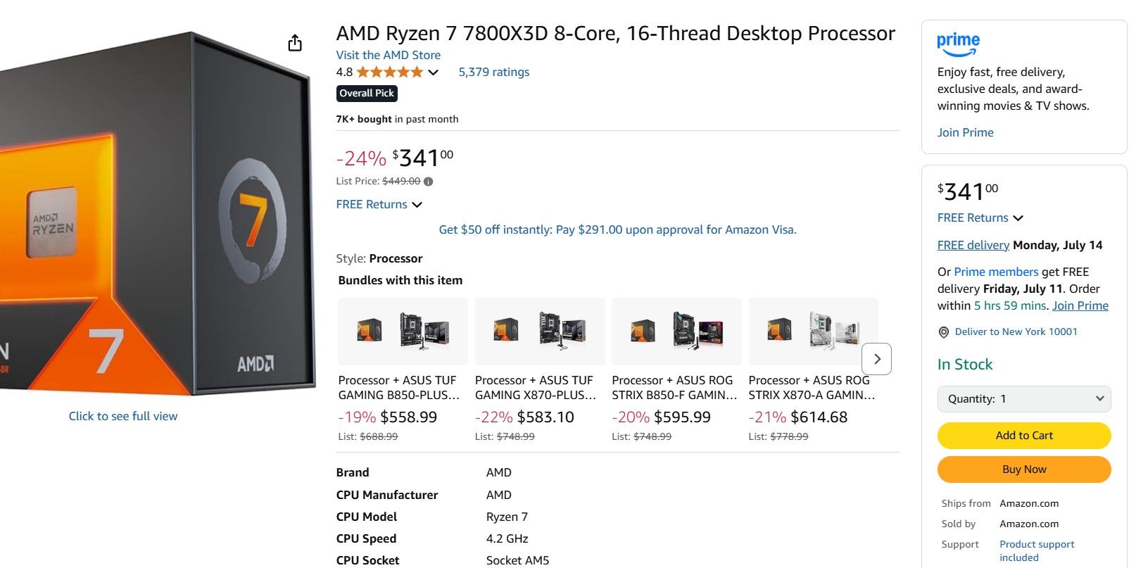 Amazon page of the Ryzen 7800X3D