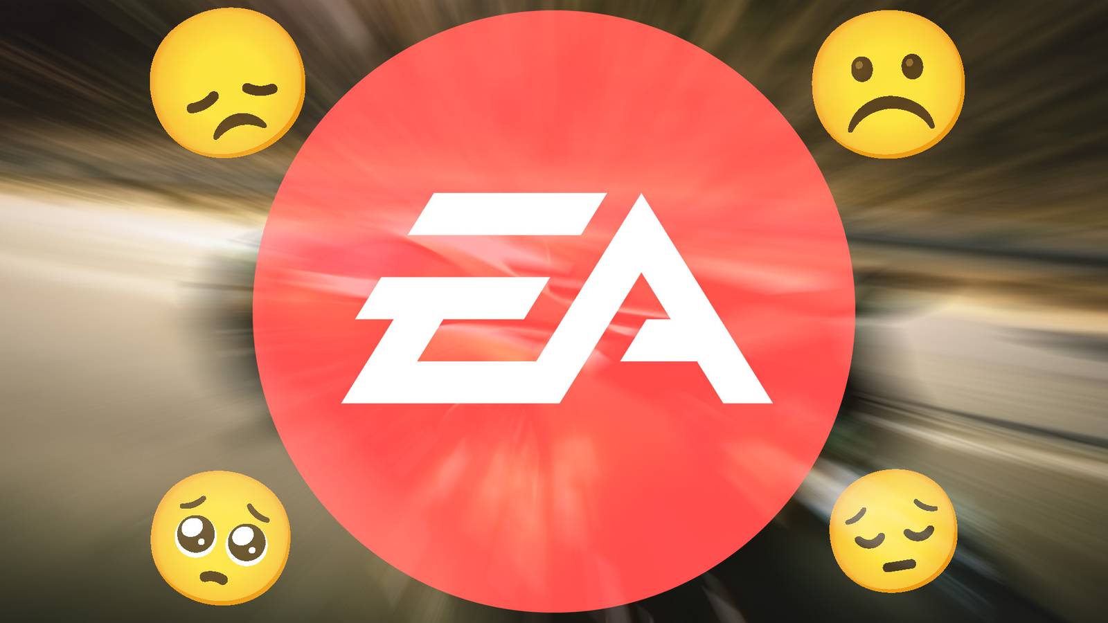 sad emoji over radial blurred Need for Speed Rivals drifting 2x1 crop promo gameplay screenshot