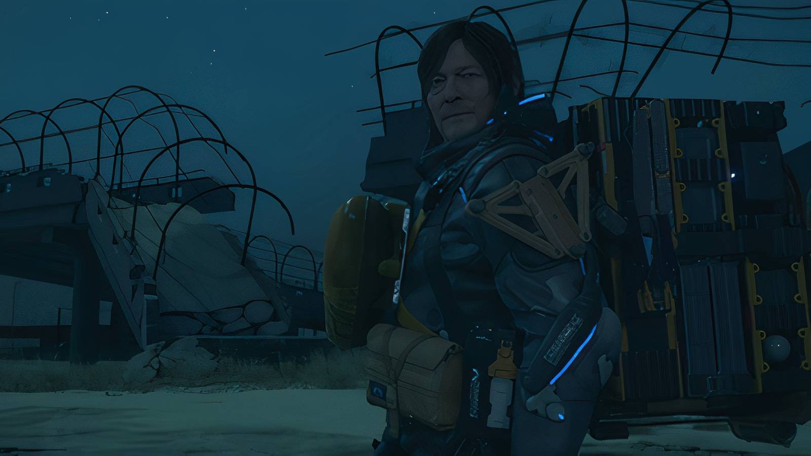 Sam outside at night in Death Stranding 2 On the Beach