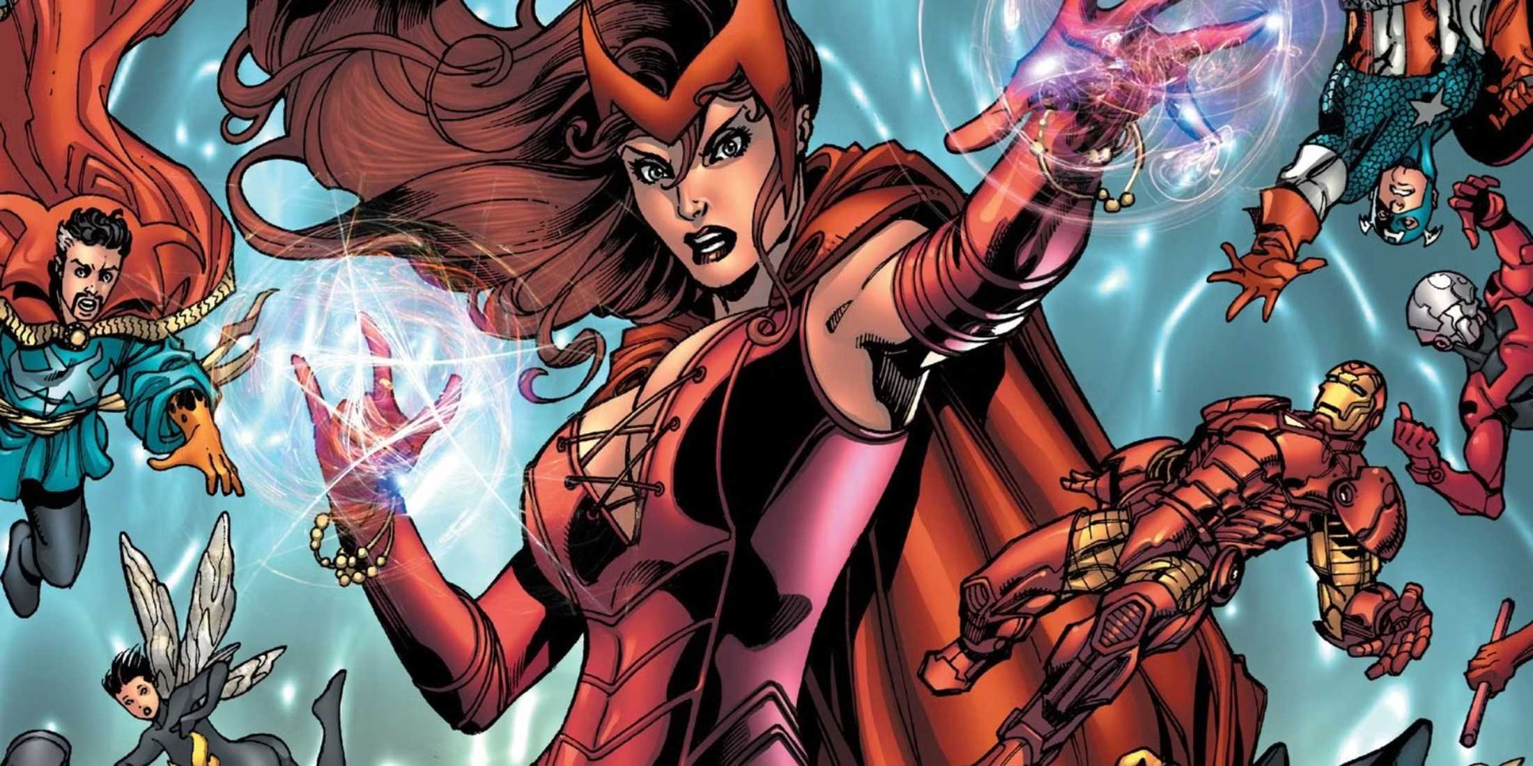 Scarlet Witch practices her magic as Marvel Comics characters fall around her