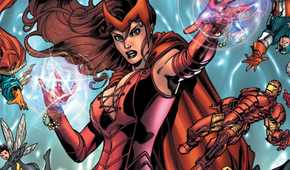 Scarlet Witch practices her magic as Marvel Comics characters fall around her