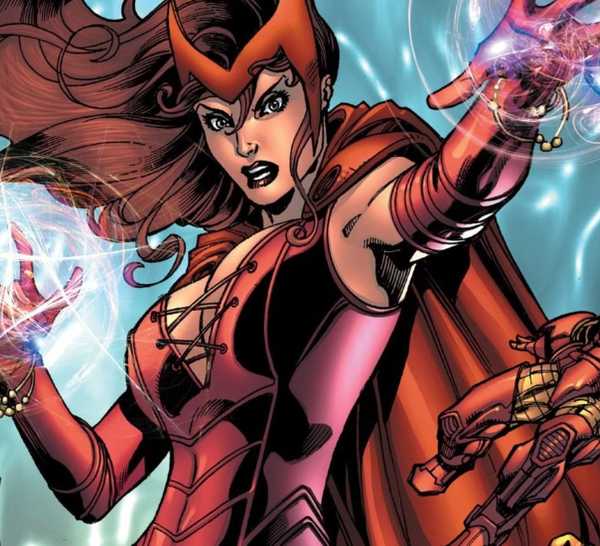 Scarlet Witch practices her magic as Marvel Comics characters fall around her