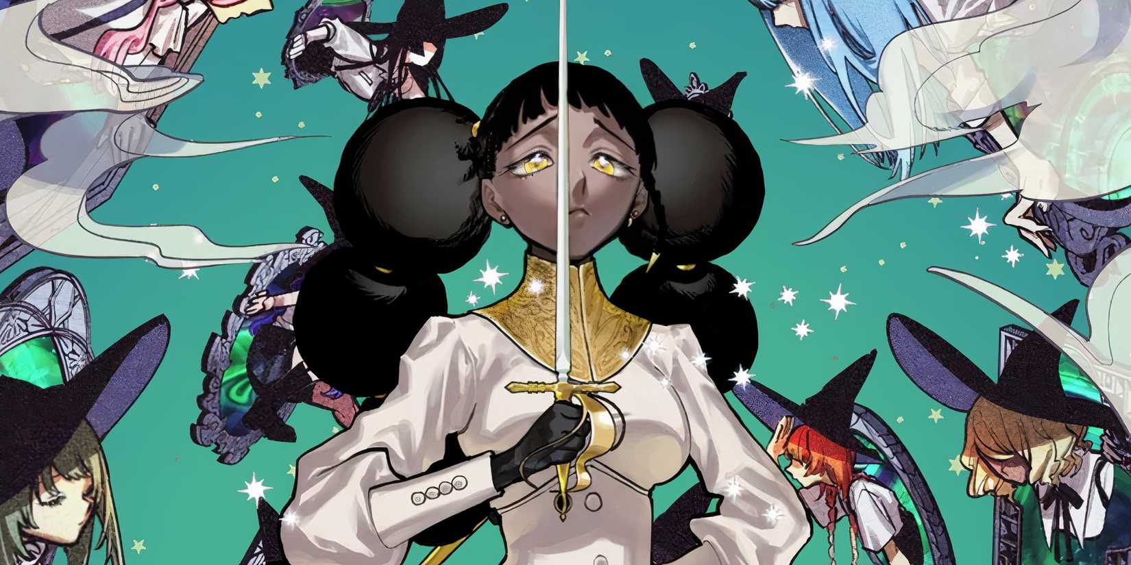 Dascarras holding a sword upward with witches around her